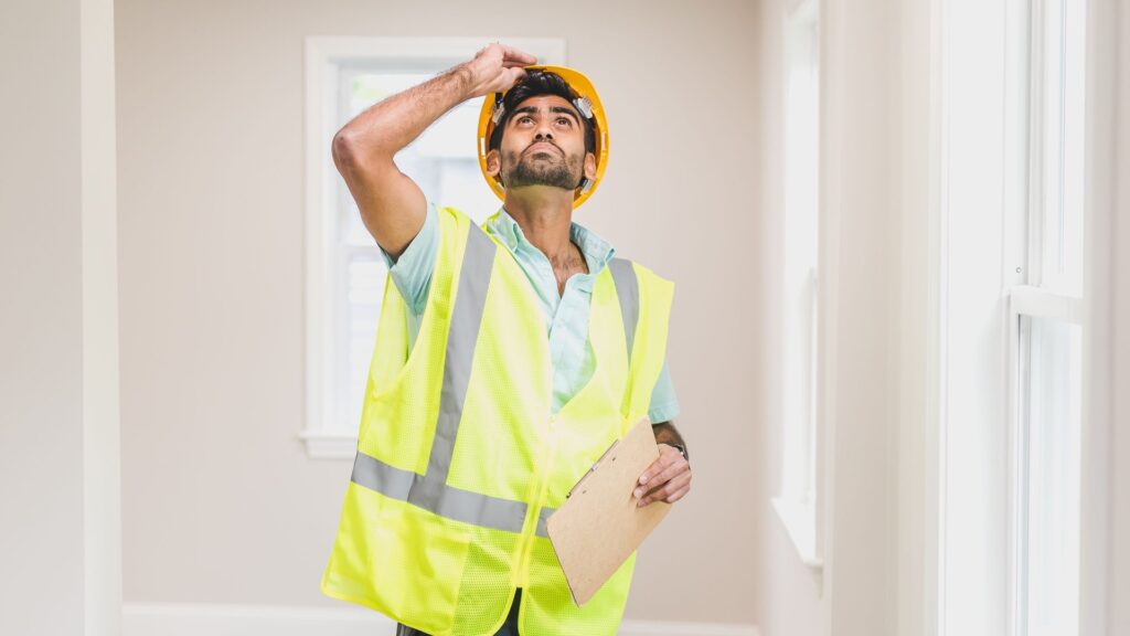 Home inspector in a hard hat examining an interior wall with a flashlight